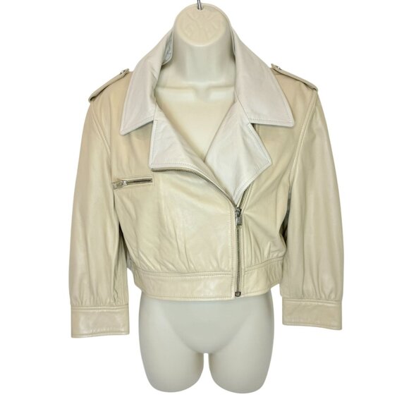 LAMARQUE Cream cropped leather biker jacket - Size M - Picture 1 of 5